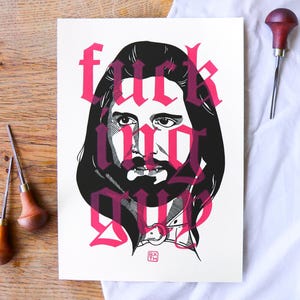Nandor the Relentless lino block print - 21 x 29.7 cm (A4) - Black and pink print on white paper - What We Do In The Shadows