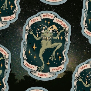 May include: A repeating pattern of stickers featuring a whimsical frog illustration. The frog is green with a crown and a ruffled collar, set against a starry background. Text includes "Reject stupidity, Embrace natural, Artificial intelligence."