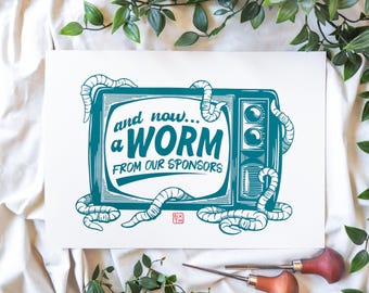 And Now A Worm From Our Sponsors linocut block art print - 29.7 x 21 cm (A4) - Hand carved and printed linoprint
