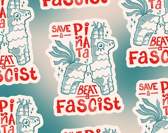 Save a Piñata Beat a Fascist (v2.0) glossy paper based vinyl sticker - Reproduction of original linocut - approx. 8 x 6.2 cm in size