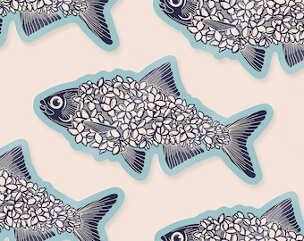 Lilac Fishy glossy paper based vinyl sticker - Reproduction of original linocut - approx. 4.9 x 9.2 cm in size