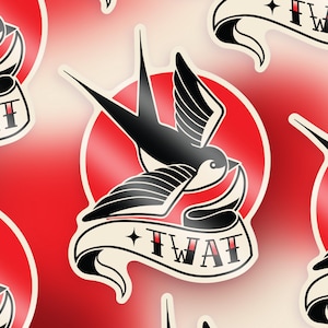 May include: A set of four red and white stickers featuring a black and white swallow with a banner that reads "FWAT".