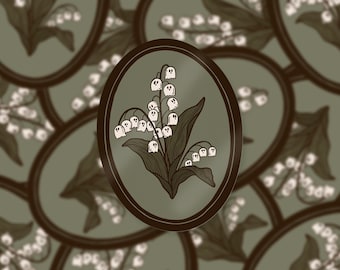 Boobells glossy paper based vinyl sticker - Reproduction of original linocut - approx. 8.5 x 6.3 cm in size - Spooky Lily of the Valley