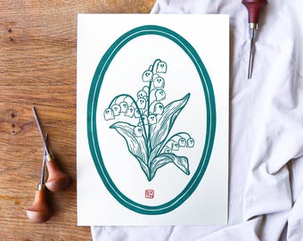 Boobells - Spooky witchy Lily of the Valley linoleum block print - Size A4 - Off-white paper - Carved and pressed by hand