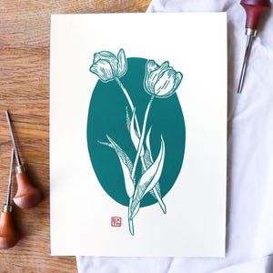 TULIPS floral linoleum block print on handmade recycled paper - size A4 - White paper - Hand pressed