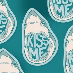 Kiss Me Shark 2.0 glossy paper based vinyl sticker - Reproduction of original linocut - approx. 9.1 x 5.7 cm in size