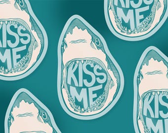 Kiss Me Shark 2.0 glossy paper based vinyl sticker - Reproduction of original linocut - approx. 9.1 x 5.7 cm in size