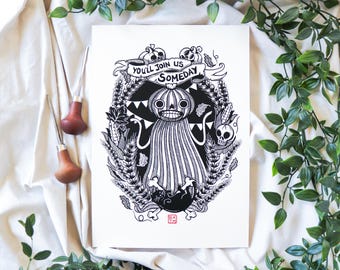 You'll Join Us Someday linocut block art print - 21 x 29.7 cm (A4) - Hand carved and printed linoprint