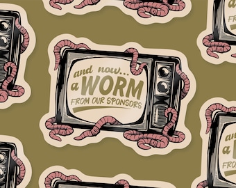 And Now A Worm From Our Sponsors glossy paper based vinyl sticker - Reproduction of original linocut - approx. 6.3 x 8.5 cm in size