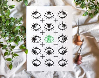 WATCHING - linoleum block print on sturdy 220gsm off white art paper - size A4 - Pressed by hand