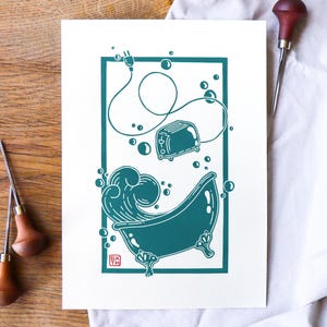 Spicy Bathtime linoleum block print on sturdy 220gsm off-white paper - size A4 - White paper - Hand pressed