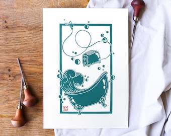 Spicy Bathtime linoleum block print on sturdy 220gsm off-white paper - size A4 - White paper - Hand pressed