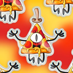 Op de afbeelding: Een cartoon pizza-punt met een enkel oog, een strikje en uitgestrekte armen. De pizza is geel met rode pepperoni en druipende kaas. De achtergrond is een gradiënt van oranje en geel.