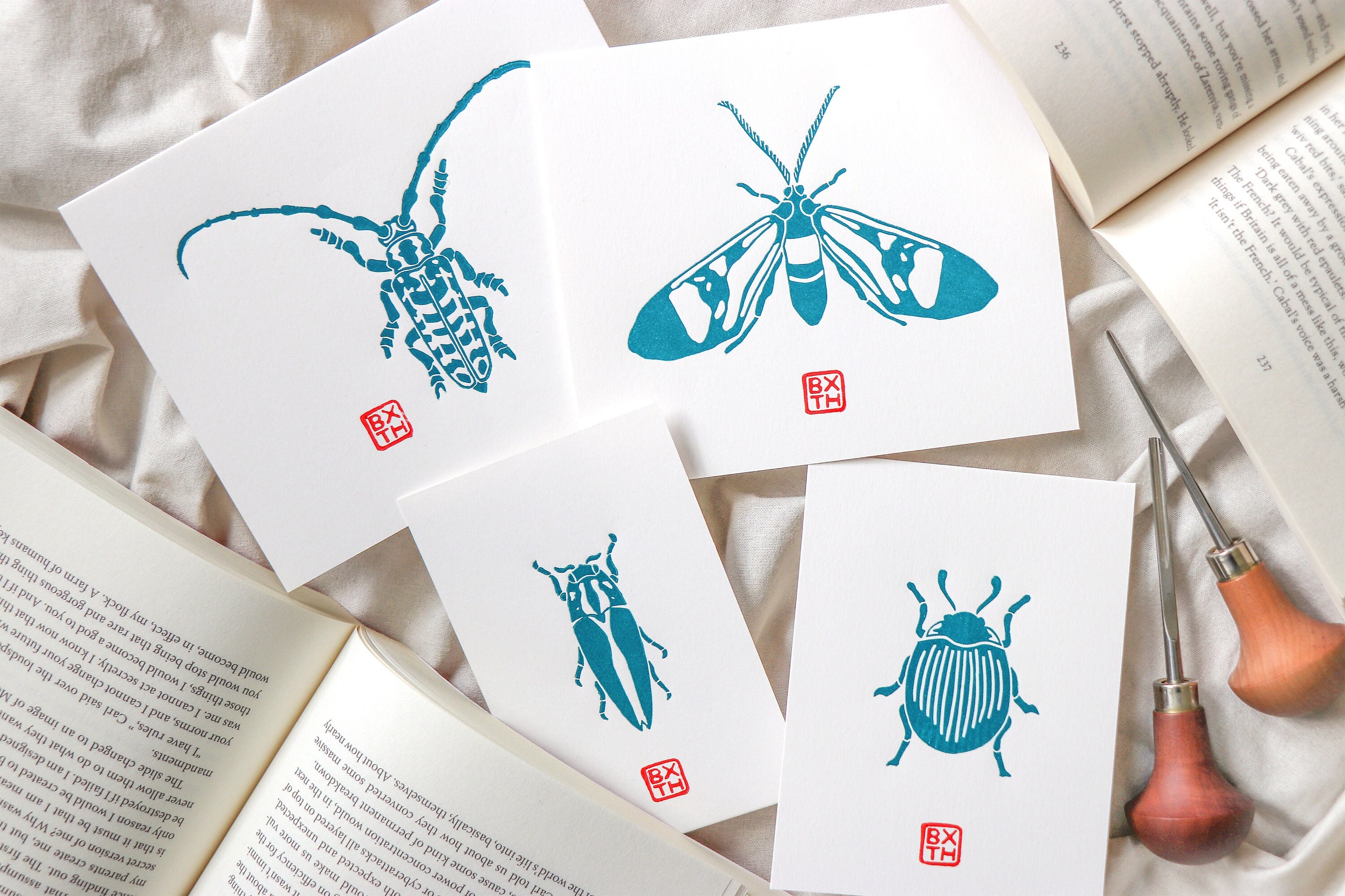 Mini Bug Prints - Lino block printed - Hand printed in blue on 220 gsm off-white paper