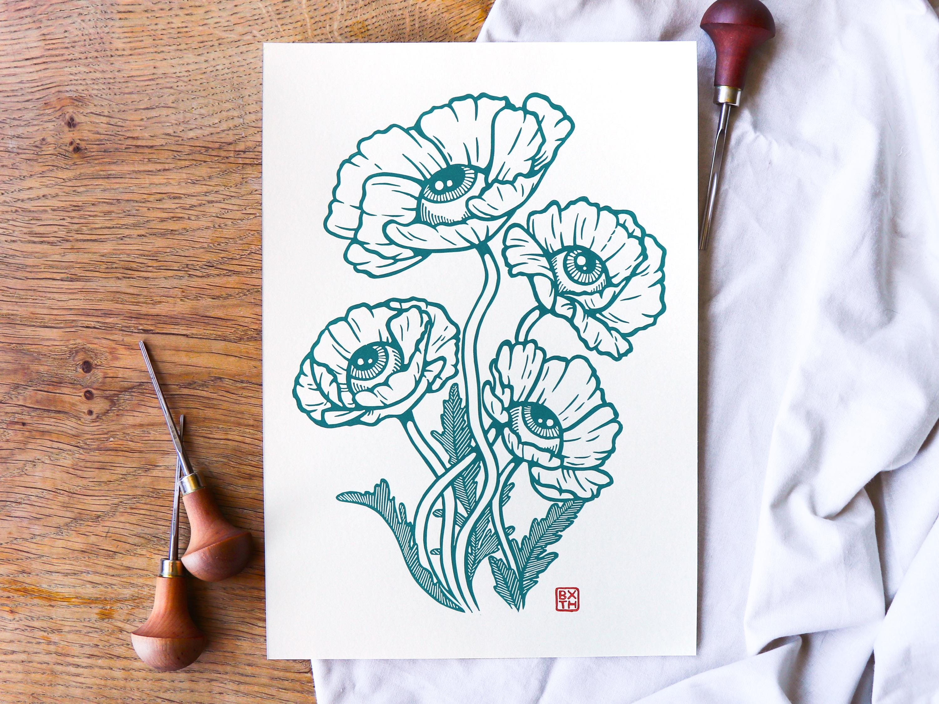 Eye See Poppy - linoleum block print on sturdy 220gsm off white art paper - size A4 - Pressed by hand