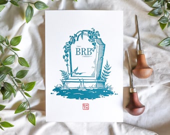 BRB Tombstone - linoleum block print on sturdy 220gsm off white art paper - size A5 - Pressed by hand