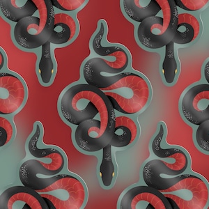 Op de afbeelding: Een herhalend patroon van zwarte en rode slangen met een textuur, schubbenontwerp. De slangen zijn opgerold en met elkaar verweven, waardoor een dynamisch en ingewikkeld patroon ontstaat.