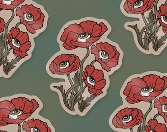 Eye See Poppy glossy paper based vinyl sticker - Reproduction of original linocut - approx. 8.6 x 6.2 cm in size