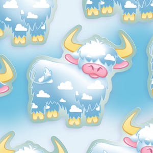 Op de afbeelding: Een set van vijf cartoon yak stickers met een blauw en wit wolkenpatroon. De yaks glimlachen en hebben gele hoorns.