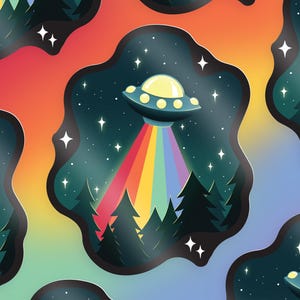 Op de afbeelding: Een sticker met een cartoon UFO die over een bos vliegt met een regenboog die eruit komt. De UFO is groen en heeft een geel licht. Het bos is donkergroen en de achtergrond is een gradiënt van oranje, geel en blauw.