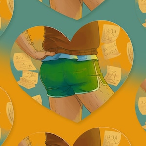 Op de afbeelding: Een hartvormige sticker met een cartoonillustratie van een persoon die een groene broek en een bruine trui draagt. De persoon staat met zijn rug naar de kijker. De sticker is omringd door gele papieren notities met tekst erop.