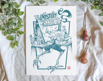Mystery Shack Baba Yaga linocut block art print - 21 x 29.7 cm (A4) -  Weirdmageddon Gravity Falls - Hand carved and printed linoprint