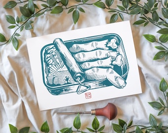 Finger Sardines - Linoleum block print on sturdy 220gsm off-white paper - Size A5 - Pressed by hand