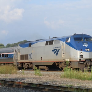 Puede incluir: Un tren Amtrak plateado y azul con el número 190 en el lateral. El tren está en un conjunto de vías de ferrocarril.
