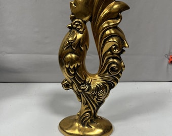 Mid Century Modern Pottery 11.5" Rooster Sculpture Figurine 1960's Brass Color