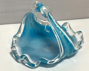 Vtg Murano Style Glass Art Twisted Handle Basket Bowl Beveled Edge Blue Dish
