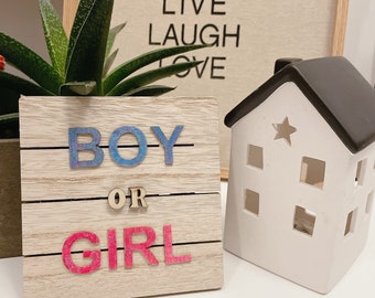 Gender reveal decoraties tafel borden rekwisieten / jongen of meisje gender decor / hout ontwerp / baby douche gender reveal party supplies decoratie