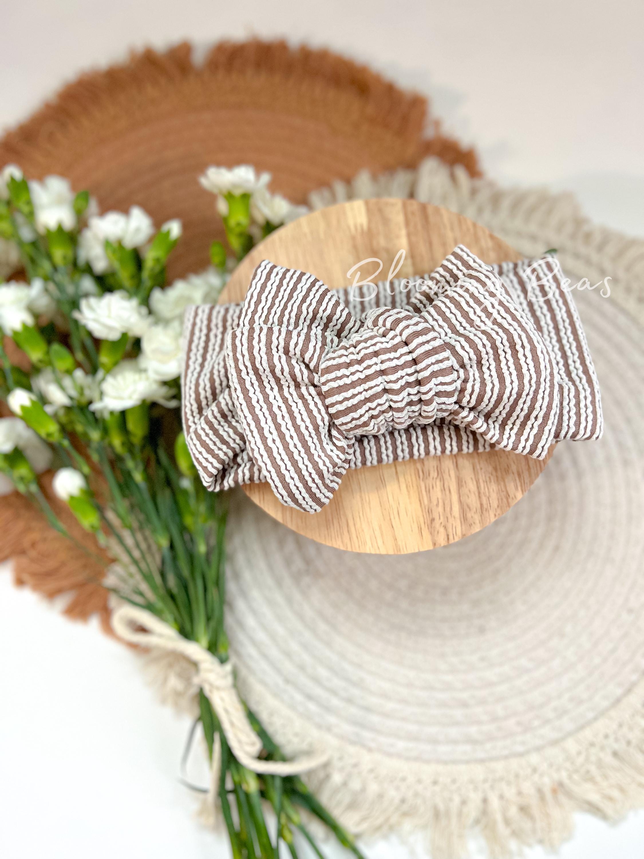 Tan urban rib knotted headband I Two-tone tan school girl bow I Handmade spring headband and hair bows