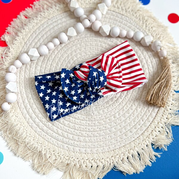 Stars and stripes knotted headband I Stars and stripes handmade headband and hair bows I Patriotic knotted headband and hair bows