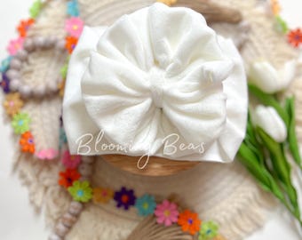 Handmade White Velvet Head Wrap: Baby Bow & Headband