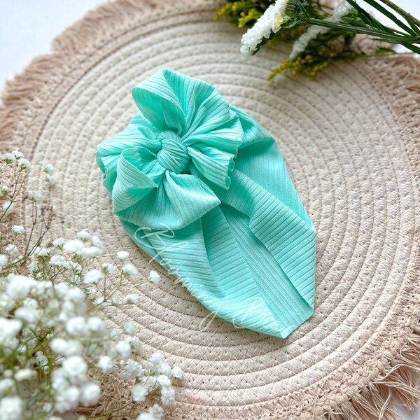 Mint blue handmade turban I Spring handmade baby turban I Mint messy knot hair bow I Mint blue donut turban