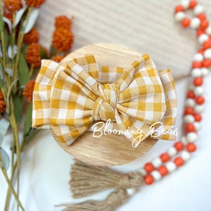 Mustard gingham knotted headband I Fall gingham handmade headband and hair bow I Handmade autumn hair bows