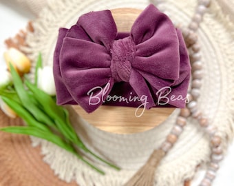 Plum velvet knotted headband I  Purple handmade headband and hair bow I Handmade fall hair bows