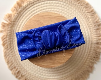 Royal blue shimmer knotted headband I Blue shimmer school girl bow I Handmade baby and toddler hair bows
