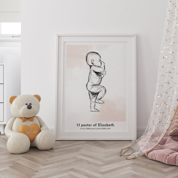 BIRTH POSTER in scale 1:1- [Digital Download] Newborn Illustration Birth Gift, baby size print Christmas Gift,  Baby poster Scale