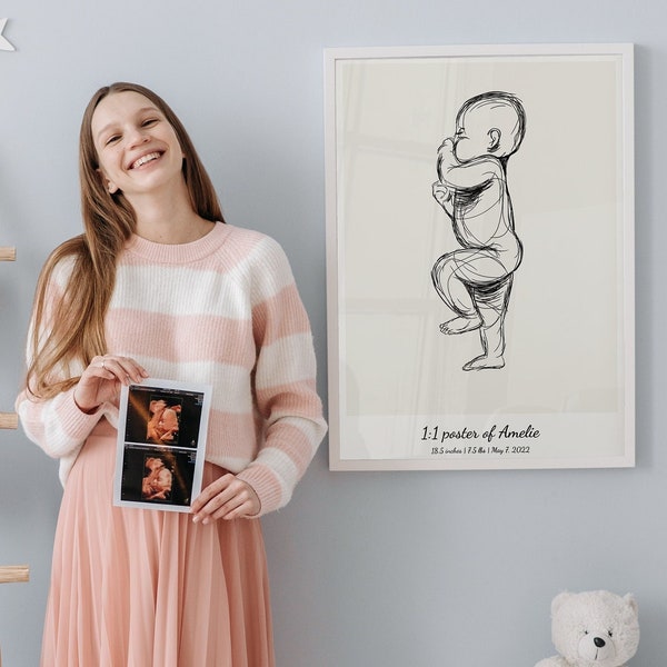 DRUCKBARE CUSTOM BIRTH Poster - Newborn Illustration im Maßstab 1:1 Geburt Geschenk, Geburt Poster, Weihnachtsgeschenk, Kinderzimmer Dekor, Baby Poster Skala
