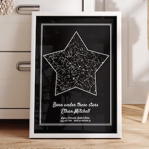 Carte du ciel nocturne le jour de votre naissance, cadeau d'anniversaire unique, carte du ciel nocturne, cadeau de premier anniversaire, carte du ciel personnalisée la nuit de votre naissance