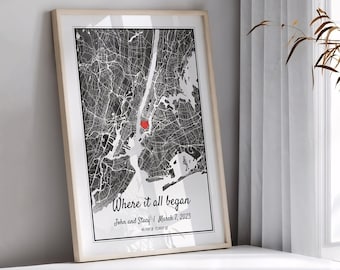 Mapa de onde tudo começou, presente de aniversário, primeiro encontro, impressão de mapa personalizado, presente fofo de relacionamento, impressão de mapa personalizado, presente de aniversário de casamento