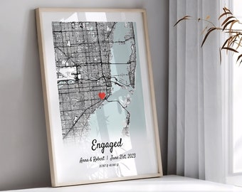 Presente de noivado personalizado - presente de noivado com impressão de mapa personalizado para casal recém-noivado, presente de casamento personalizado, presente de casamento com moldura de noivado