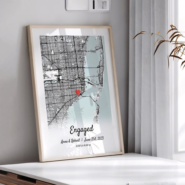 Regalo di fidanzamento personalizzato - Regalo di fidanzamento con stampa di mappa personalizzata per coppia appena fidanzata, regalo di nozze personalizzato, regalo di nozze con cornice di fidanzamento