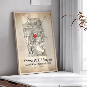 Mapa de dónde nos conocimos, regalo de aniversario para parejas, mapa de dónde empezó todo, regalo de boda personalizado, mapa de dónde empezó todo, regalo de aniversario de algodón