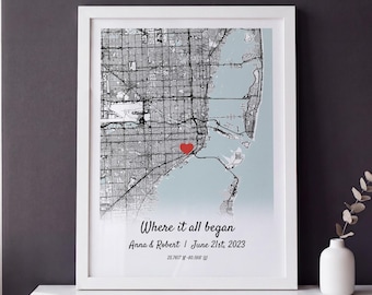 Where It All Began Map Wedding Anniversary Gift, Personalised Where We First Met Print for Couples