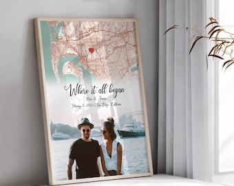 First Date Map Personalized Anniversary Gift, Where It All Began Engagement Map Print Engagement Gift, Custom Map Wedding Anniversary Gift