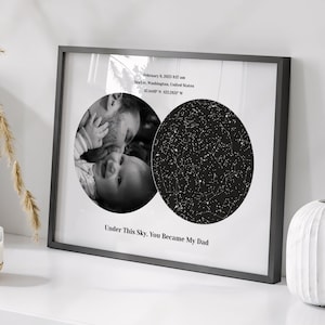 Op de afbeelding: Een ingelijste print met een zwart-witfoto van een ouder en kind in een cirkel naast een cirkelvormige sterrenkaart. De tekst luidt: February 8, 2023 8:17 am, SeaTac, Washington, United States, 47.4449 N -122.2831 W, Under This Sky, You Became My Dad.