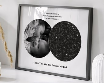 May include: A framed print featuring a black and white photograph of a parent and child in a circle next to a circular star map. Text reads: February 8, 2023 8:17 am, SeaTac, Washington, United States, 47.4449 N -122.2831 W, Under This Sky, You Became My Dad.