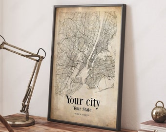 Custom City Map Print - Any City Vintage City Map Poster Personalized City Map Wall Art, Hometown Map Custom Map Gift